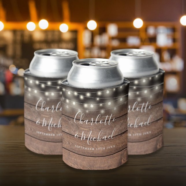 String Lights Signature Script Rustic Wood Wedding Dosenkühler (String Lights Signature Script Rustic Wood Wedding Can Cooler)