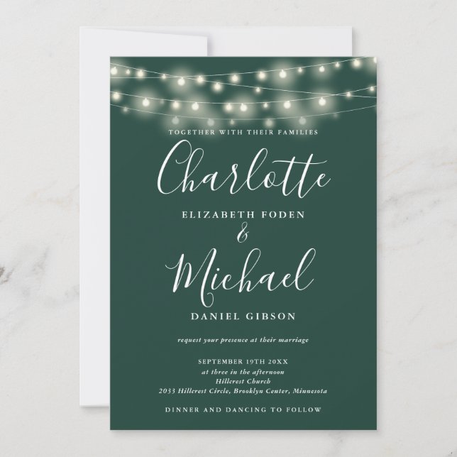 String Lights Smarald in einer einfachen Hochzeit Einladung (Vorderseite)