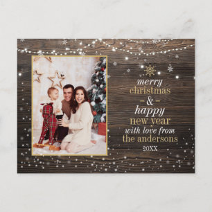 String Lights & Snow Rustic Wood Christmas Foto Postkarte