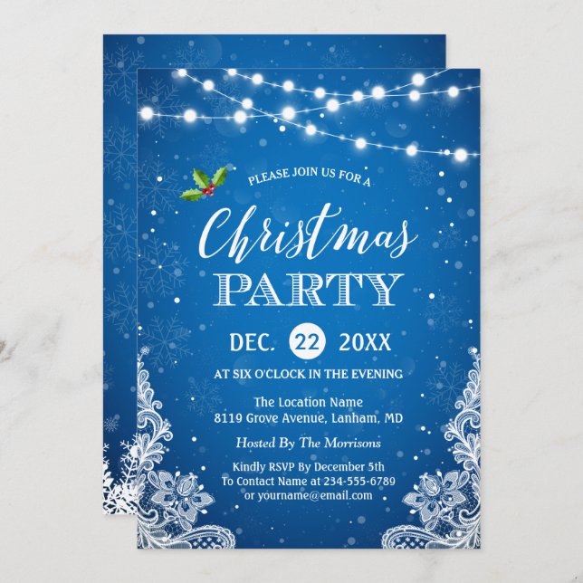 String Lights Snowflakes Blue Christmas Party Einladung (Vorne/Hinten)