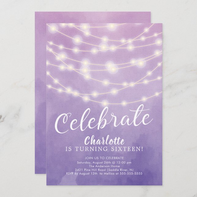 String Lights Sweet 16. Geburtstag Einladung (Vorne/Hinten)