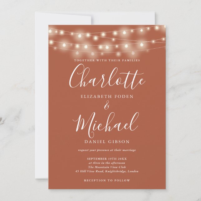 String Lights Terracotta Elegante Script Wedding Einladung (Vorderseite)