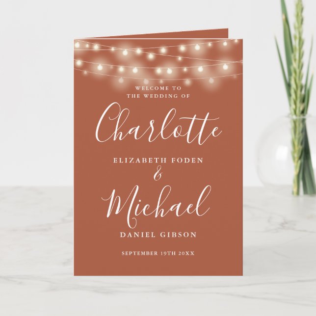 String Lights Terracotta Elegante Script Wedding Programm (Vorderseite)