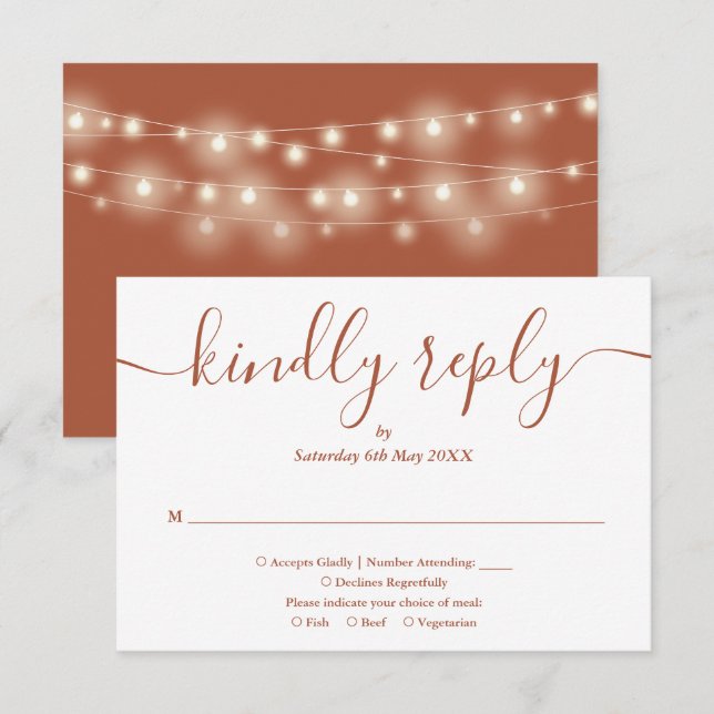 String Lights Terracotta Script Auswahl RSVP Karte (Vorne/Hinten)