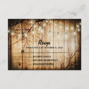 String Lights Tree Vintag Barn Wood Wedding RSVP Karte