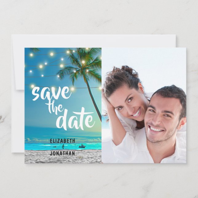 String Lights Tropical Beach Save the Date Foto Z (Vorderseite)