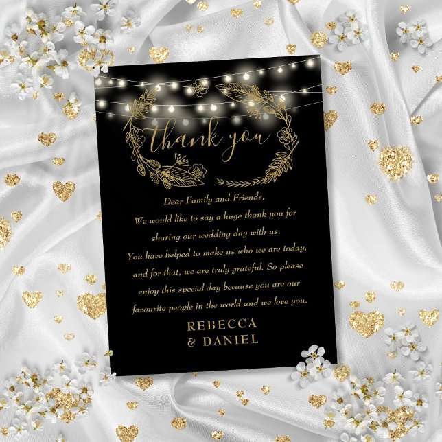 String Lights Vielen Dank für Ihre Schwarz und Gol Platzkarte (String Lights Thank You Black And Gold Wedding Place Card)