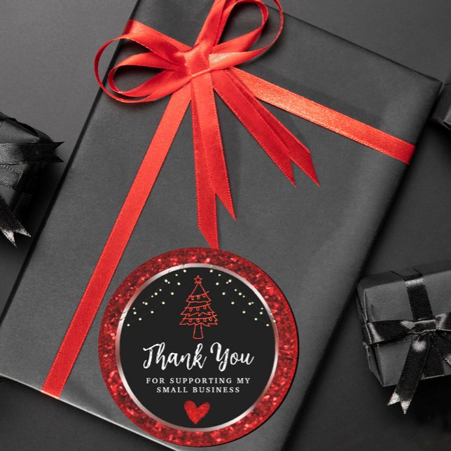 String Lights Vielen Dank, Schwarz und Rot Runder Aufkleber (#ModernRedChristmas #merry christmashappynewyear #ChristmasSparkling #treechristmas #lights #party)