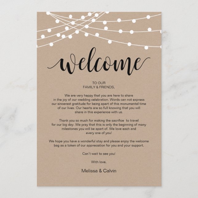 String Lights, Wedding Welcome and Itinerary Card Programm (Vorderseite)