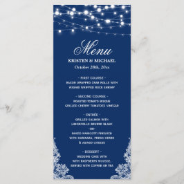 String Lights White Lace Navy Blue Wedding Menu Menükarte
