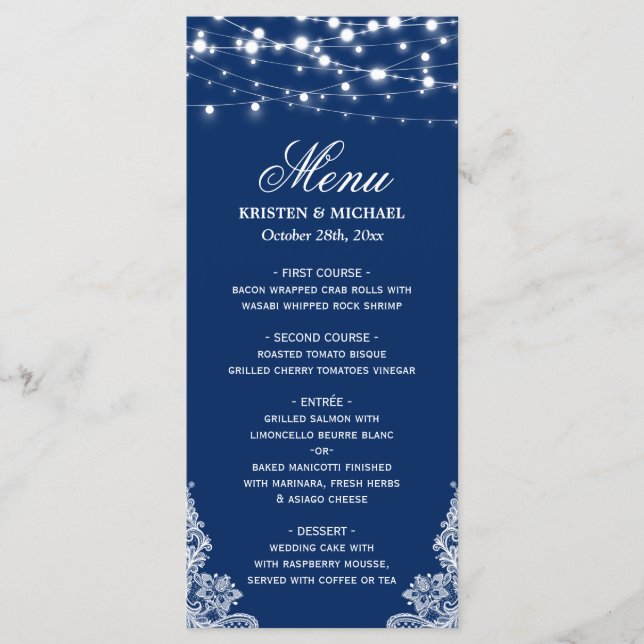 String Lights White Lace Navy Blue Wedding Menu Menükarte (Vorderseite)