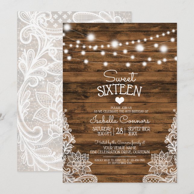 String Lights Wood and Lace Sweet 16 Party Einladung (Vorne/Hinten)