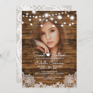 String Lights Wood and Lace Sweet 16 Party Einladung