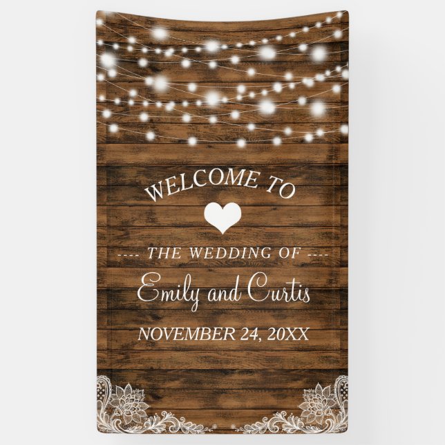 String Lights Wood and Lace Wedding Banner (Vertikal)