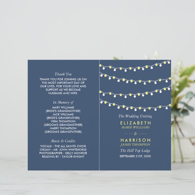 String Lights, Yellow & White Wedding Program (Stehend Vorderseite)