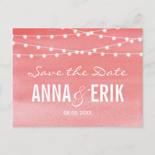 Stringfarbenleuchten Save the Date Postkarte (Vorderseite)
