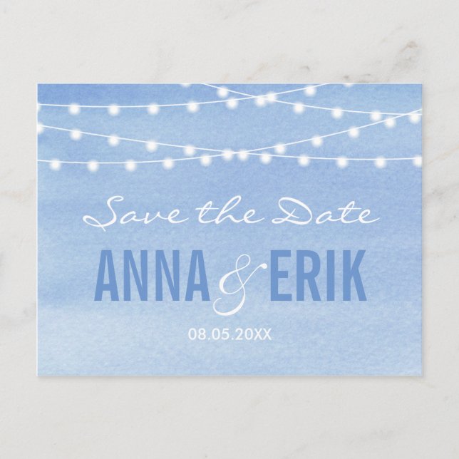 Stringfarbenleuchten Save the Date Postkarte (Vorderseite)