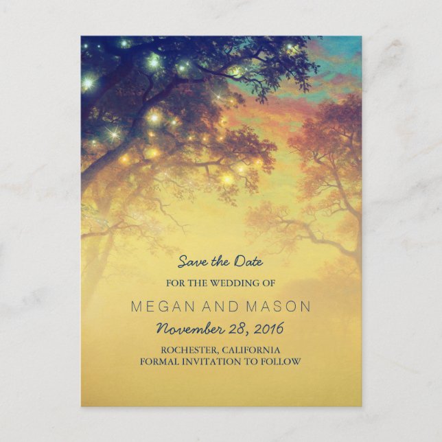 Stringleuchten rustikal Save the Date Ankündigungspostkarte (Vorderseite)