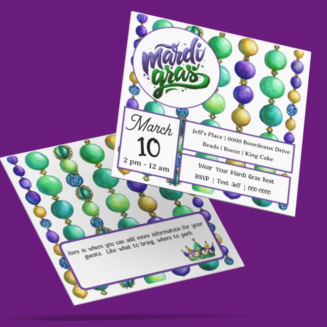 Strings of Colorful Mardi Gras Beads Einladung (Fully customize the front and back of your Mardi Gras bead inspired party invitation)