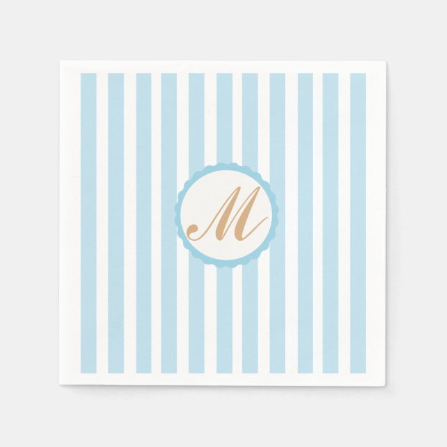 Strip Blue White Gold Monogram Paper Napkins Serviette (Vorderseite)
