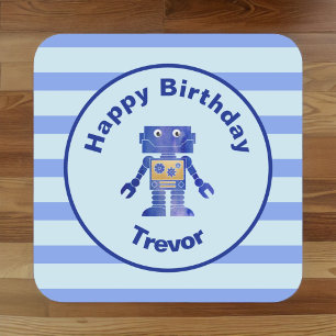 Strip Happy Birthday Blue Gold Robot mit Name Quadratischer Aufkleber