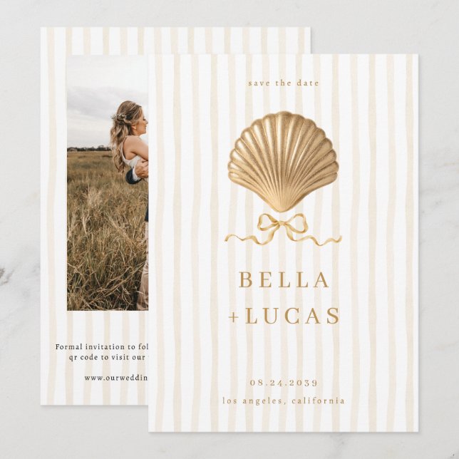 Strip Luxuriöse Coastal Gold Seashell Wedding Save The Date (Vorne/Hinten)