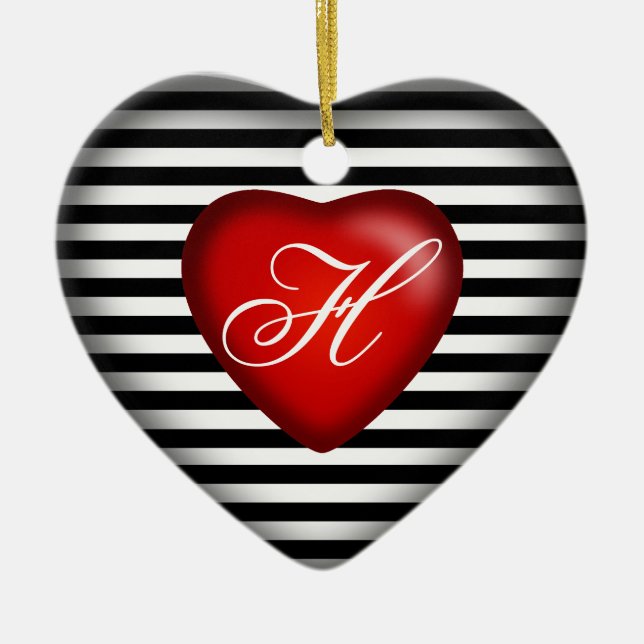 Strip Monogram Heart | Schwarz-weiß Keramik Ornament (Vorne)