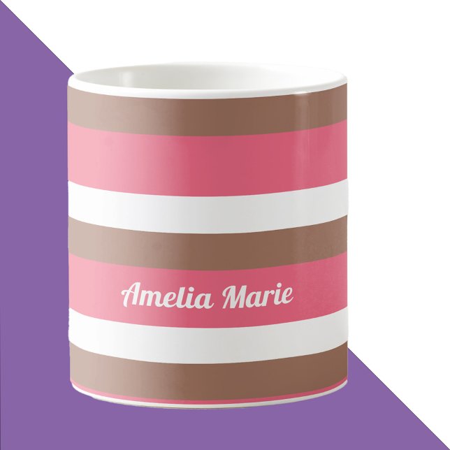 Strip Muster Mocha Brown Pink White personalize Kaffeetasse (A mug that has a pink, brown and white stripe pattern with text you can customize!)