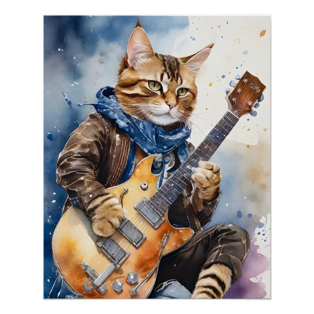 Strip Tabby Cat Rock Star Gitarre Brown Poster (Vorderseite)