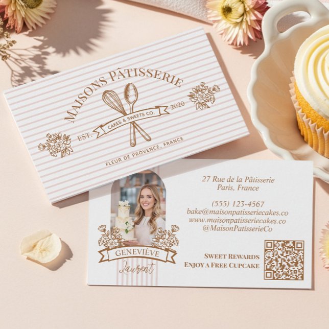 Stripe Floral Whisk Spoon Bakery Cake Designer Visitenkarte (Stripe Floral Whisk Spoon Bakery Cake Designer Business Card)