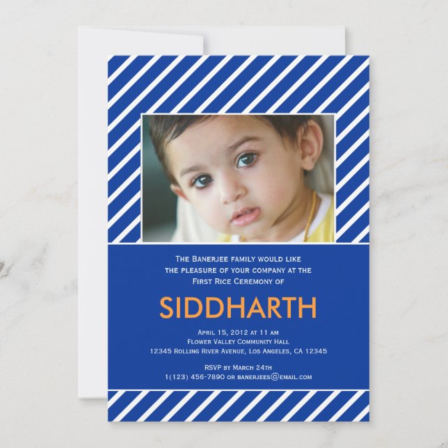 Striped Annaprashan (erster Reis) Blauer Einladung (Vorderseite)