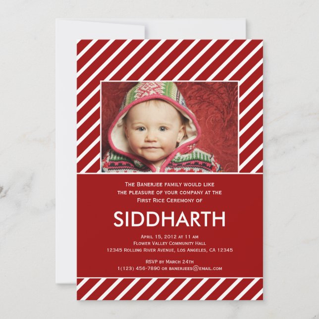 Striped Annaprashan (erster Reis) in Roter Einladu Einladung (Vorderseite)