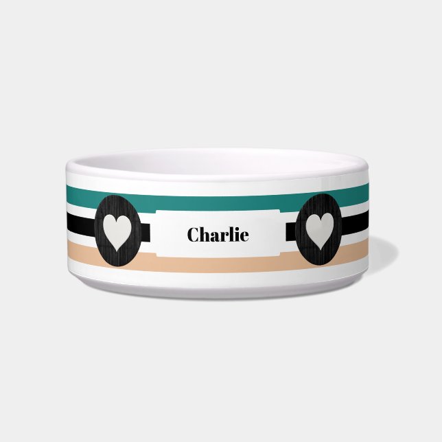 Striped Aqua Black Tan Custom Pet Bowl mit Herz Napf (Vorderseite)