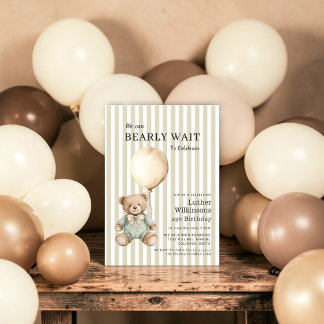 Striped Beige Teddy Bear Baby Boy Birthday Invite Einladung