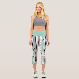 Striped Black and Green Casual  Capri Leggings