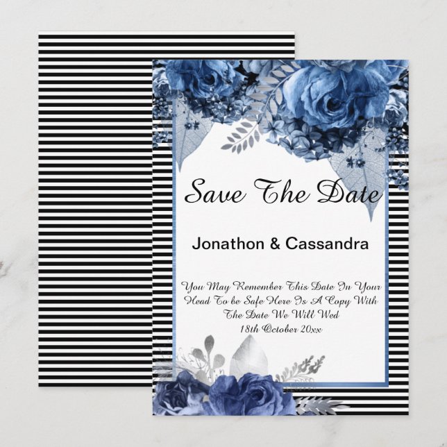 STRIPED BLACK BLUE FLORAL GRENZE SAVE THE DATE (Vorne/Hinten)