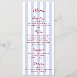 Striped Blue and Red Wedding Menu Menükarte