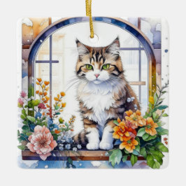 Striped Cat im Fenster der Blume Personalisiert Keramikornament