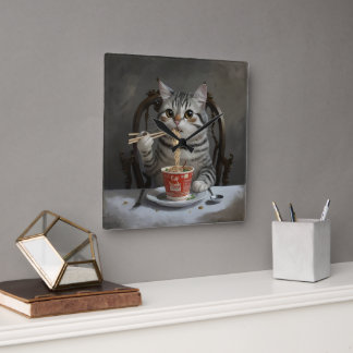 Striped Cat Spaß Cup Noodles Quadratische Wanduhr