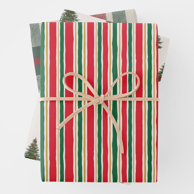 Striped Christmas Wrapping Paper, Pine Tree Geschenkpapier Set (Beispiel)
