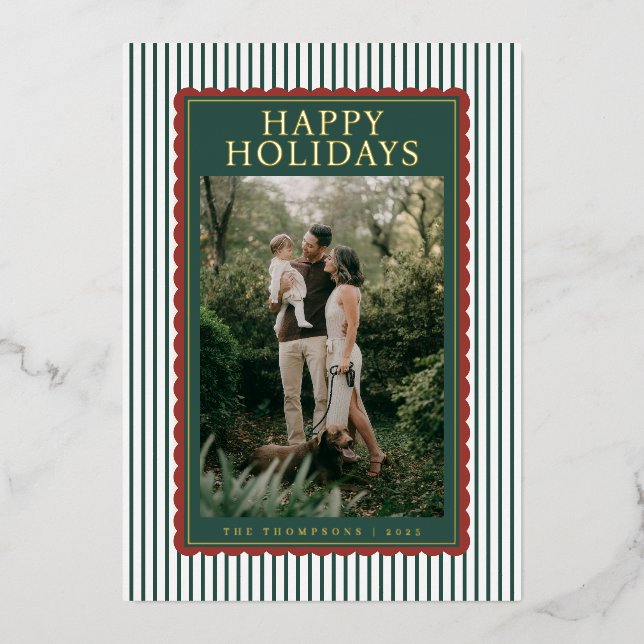 Striped Classic Holiday Photo Folien Feiertagskarte (Vorderseite)