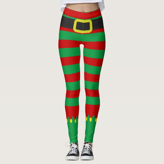 Striped Elf Green Red Novelty Leggings (Vorderseite)