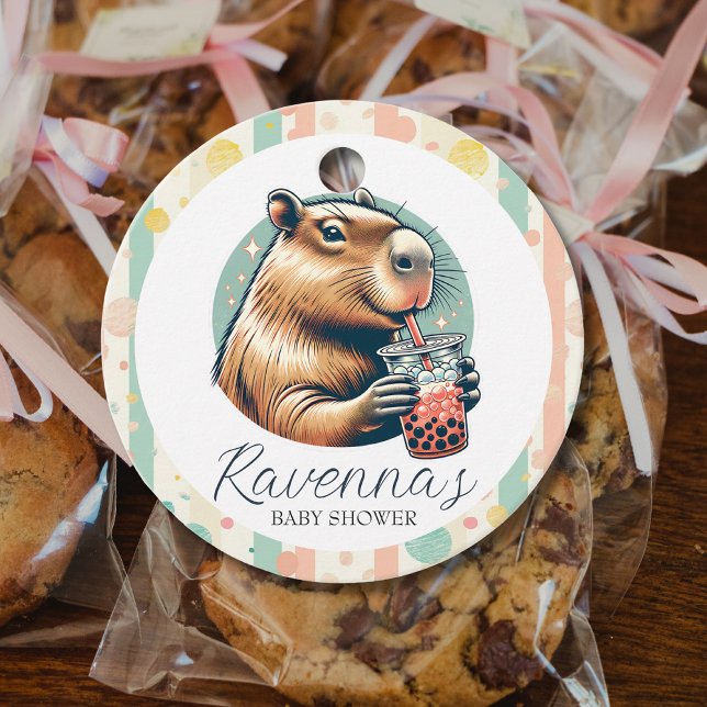Striped Funny Capybara Custom Name Baby Shower Geschenkanhänger (Von Creator hochgeladen)