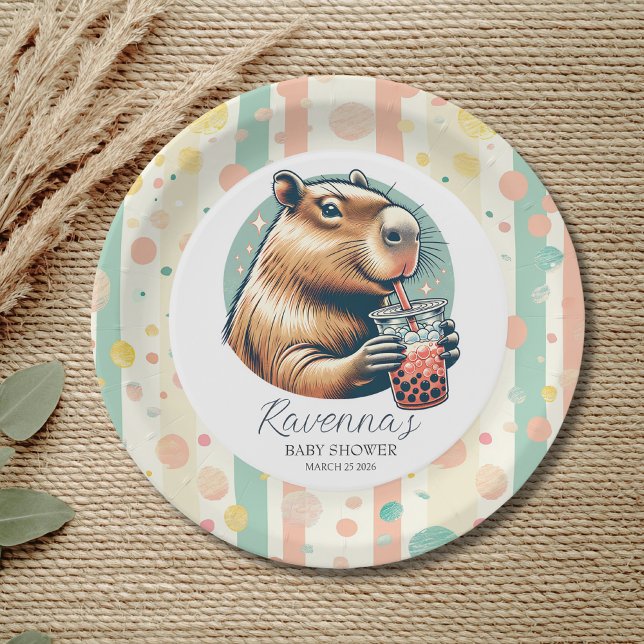 Striped Funny Capybara Custom Name Baby Shower Pappteller (Von Creator hochgeladen)