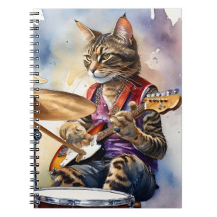 Striped Gray Tabby Cat Rock Star Gitarre spielen Notizblock