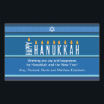 Striped Hanukka Candles Rechteckiger Aufkleber<br><div class="desc">Eine Menorah wird mit Typografie auf diesem gestreiften Hanukkah-Aufkleber gerendert. Das Wort "glücklich" dient auf seiner Seite als Shamash, während die anderen Buchstaben, die "Hanukkah" ausdrücken, als acht Hanukkah-Kerzen dienen. Der blau-tongestreifte Hintergrund erinnert an ein Tallicht. Fügen Sie unten eine persönliche Nachricht hinzu. Als Umschlag Aufkleber, als Geschenketikett oder als...</div>