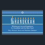 Striped Hanukka Candles Rechteckiger Aufkleber<br><div class="desc">Eine Menorah wird mit Typografie auf diesem gestreiften Hanukkah-Aufkleber gerendert. Das Wort "glücklich" dient auf seiner Seite als Shamash, während die anderen Buchstaben, die "Hanukkah" ausdrücken, als acht Hanukkah-Kerzen dienen. Der blau-tongestreifte Hintergrund erinnert an ein Tallicht. Fügen Sie unten eine persönliche Nachricht hinzu. Als Umschlag Aufkleber, als Geschenketikett oder als...</div>