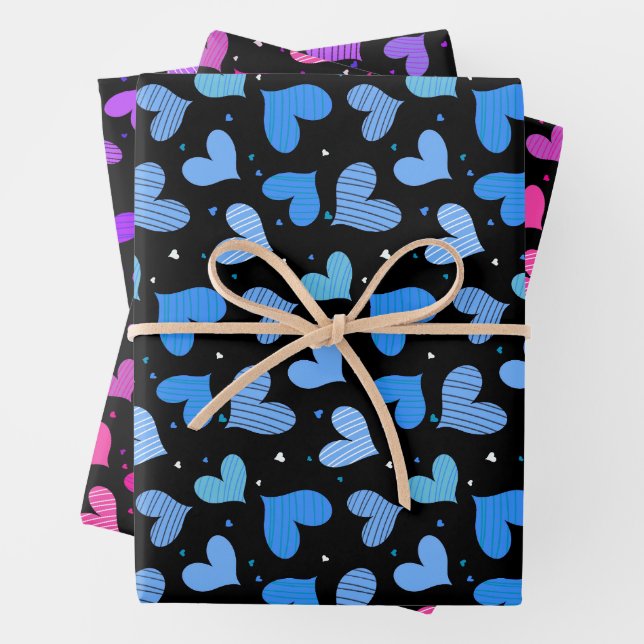 Striped Hearts Blue Geschenkpapier Set (Beispiel)