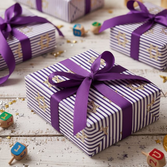 Striped Indigo Jewish Gold Star of David Geschenkpapier (Elegant Jewish Star of David Striped Indigo & White Pattern for Hanukkah, Bat Mitzvah, Mazel Tov)