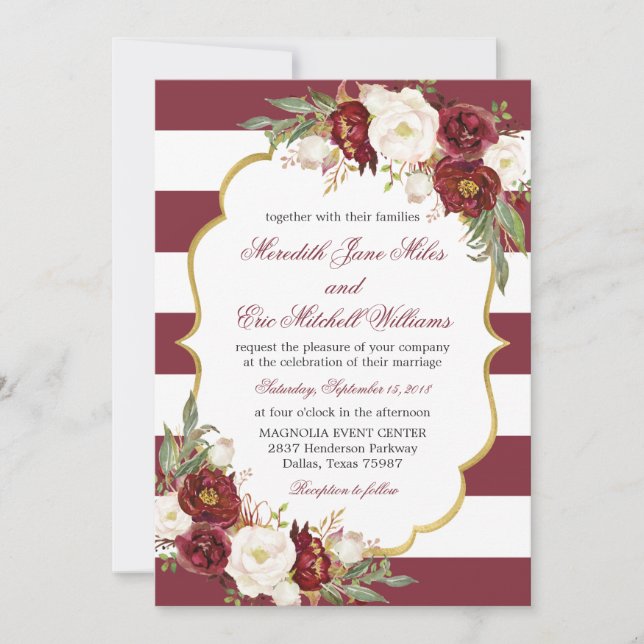 Striped Marsala Floral Wedding Einladung (Vorderseite)